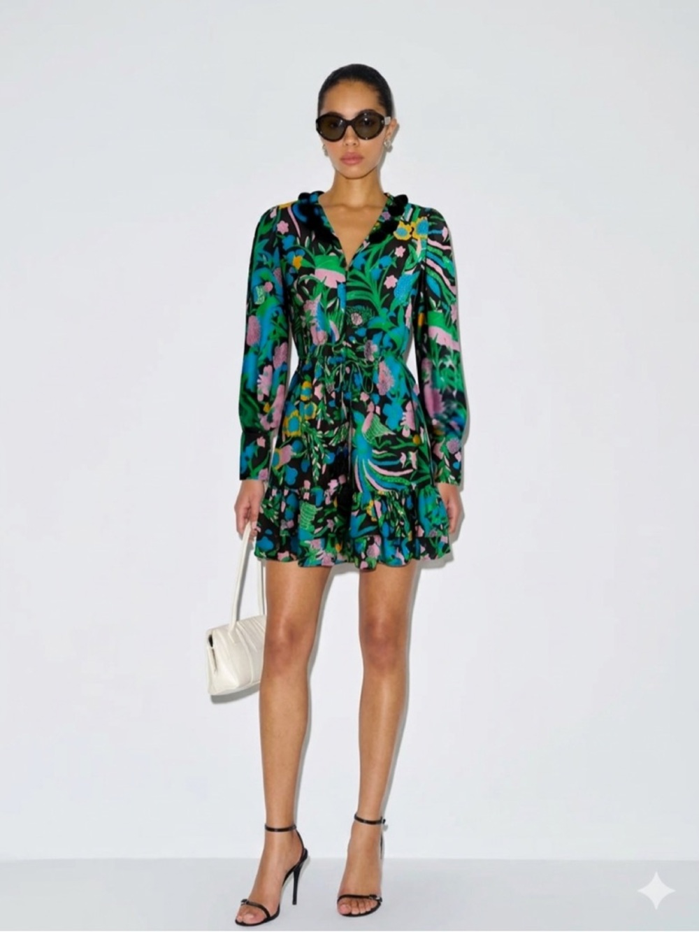 FIGUE Ella Ruffle Midi Dress - XS - Vibrant Birdsong Print & Pom Pom Details